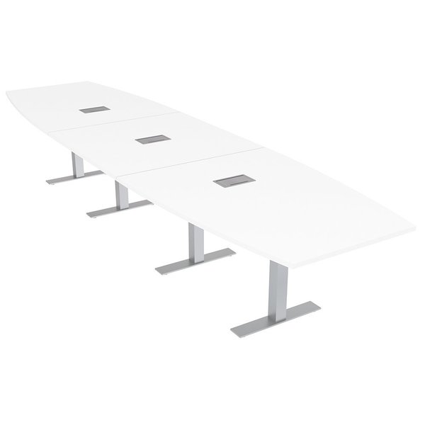 Skutchi Designs 14 Person Large Table with Metal T Bases And Power Data Units, Boat Shaped Table, White HAR-BOT-46x168-T-ELEC-XD09